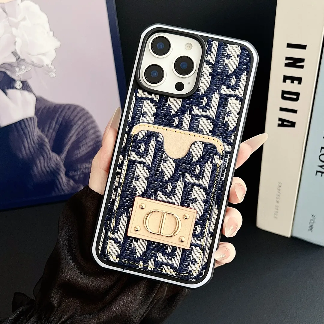 Dior迪奥 牛仔插卡款 铆钉贴皮金标 双色边壳(11-16PM,7-11PRO和三星型号用黑色边框)