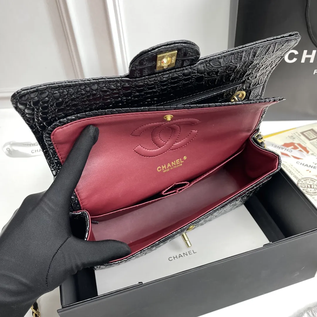 💰205包邮‼️ 回货👑香奈儿👑定制经典款小香风真皮包鳄鱼🐊纹金色系列 ✅✅✅尺寸:25/16/6!型口1112鳄鱼纹