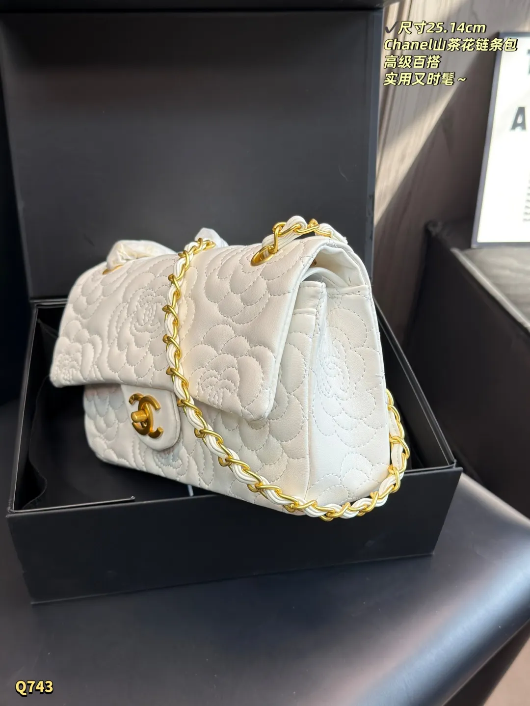 💰125 折叠盒 尺寸:25.14cm 香奈儿山茶花菱格链条包,奶昔白皮革+金色链条,优雅复古气质满分✨。山茶花刺绣超有辨识度,象征纯洁与高贵。25×14cm容量刚好,手机钱包都能装,通勤约会都适合。链条可单肩or斜挎,百搭不挑衣服,实用又时髦,是轻奢女孩必入经典款!