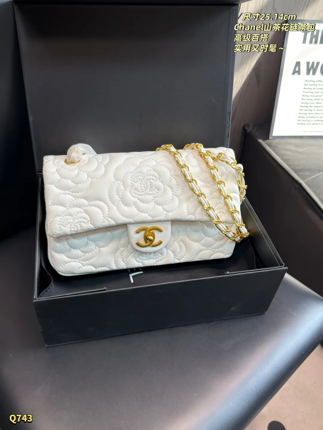 💰125 折叠盒 尺寸:25.14cm 香奈儿山茶花菱格链条包,奶昔白皮革+金色链条,优雅复古气质满分✨。山茶花刺绣超有辨识度,象征纯洁与高贵。25×14cm容量刚好,手机钱包都能装,通勤约会都适合。链条可单肩or斜挎,百搭不挑衣服,实用又时髦,是轻奢女孩必入经典款!