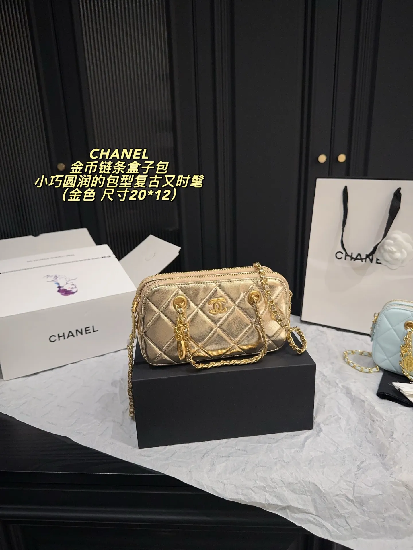 P155配折叠盒⚠️尺寸20*12 香奈儿CHANEL 金币链条盒子包 香奶奶小冷门金币包 一眼就爱了 黑色专业户 复古感金币搭配 秋冬真的好适合 可手提还可以斜挎 还放的下手机 mini保龄球的包型好可爱