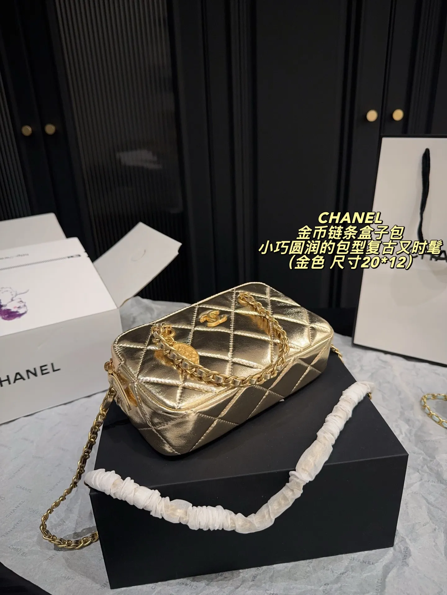 P155配折叠盒⚠️尺寸20*12 香奈儿CHANEL 金币链条盒子包 香奶奶小冷门金币包 一眼就爱了 黑色专业户 复古感金币搭配 秋冬真的好适合 可手提还可以斜挎 还放的下手机 mini保龄球的包型好可爱