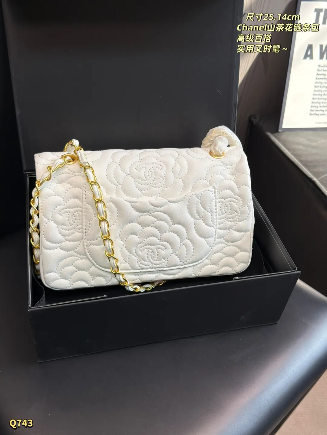 💰125 折叠盒 尺寸:25.14cm 香奈儿山茶花菱格链条包,奶昔白皮革+金色链条,优雅复古气质满分✨。山茶花刺绣超有辨识度,象征纯洁与高贵。25×14cm容量刚好,手机钱包都能装,通勤约会都适合。链条可单肩or斜挎,百搭不挑衣服,实用又时髦,是轻奢女孩必入经典款!