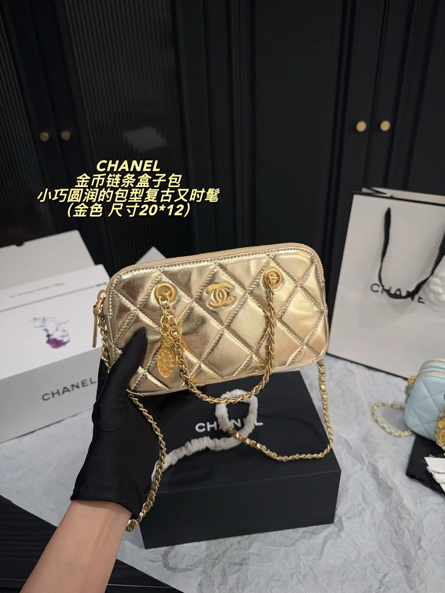 P155配折叠盒⚠️尺寸20*12 香奈儿CHANEL 金币链条盒子包 香奶奶小冷门金币包 一眼就爱了 黑色专业户 复古感金币搭配 秋冬真的好适合 可手提还可以斜挎 还放的下手机 mini保龄球的包型好可爱