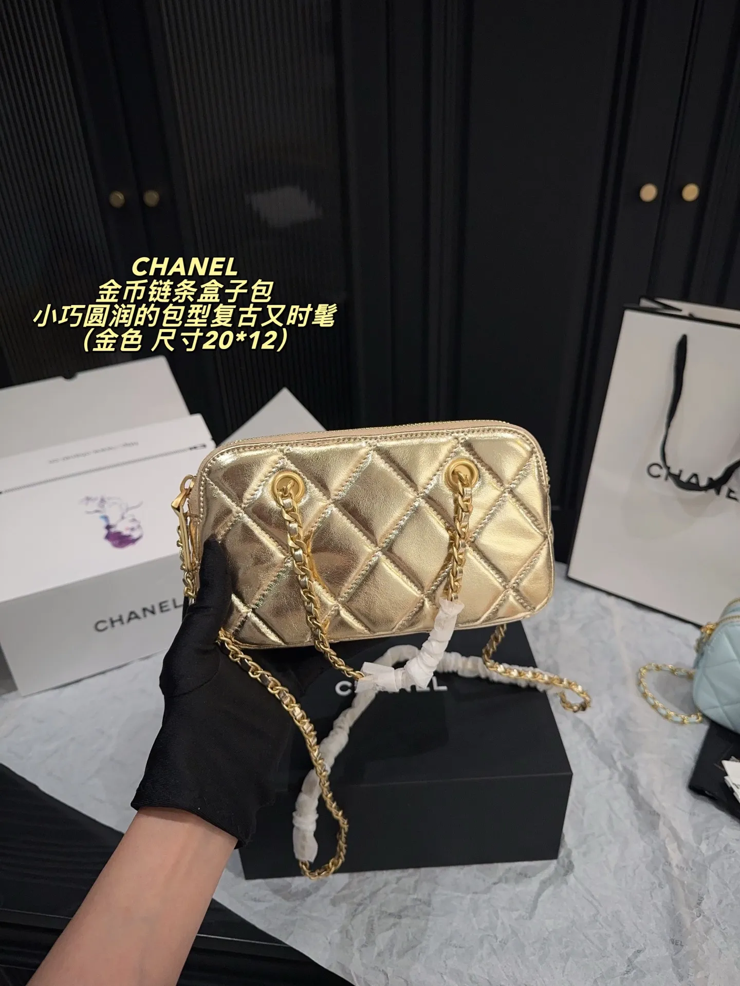 P155配折叠盒⚠️尺寸20*12 香奈儿CHANEL 金币链条盒子包 香奶奶小冷门金币包 一眼就爱了 黑色专业户 复古感金币搭配 秋冬真的好适合 可手提还可以斜挎 还放的下手机 mini保龄球的包型好可爱