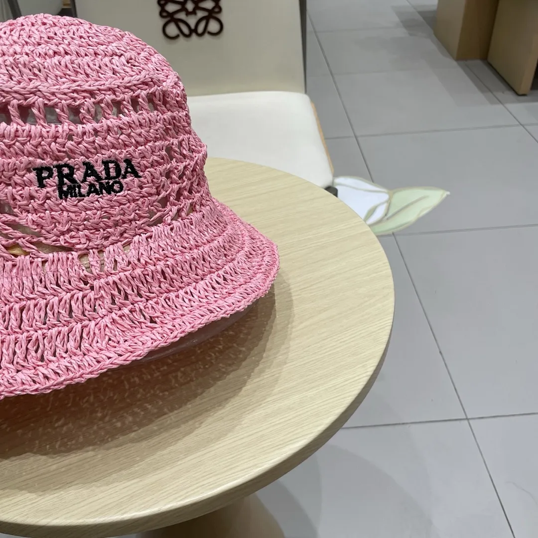 PRADA普拉达草帽，渔夫帽，手工编织，2025官方新款，刺绣logo