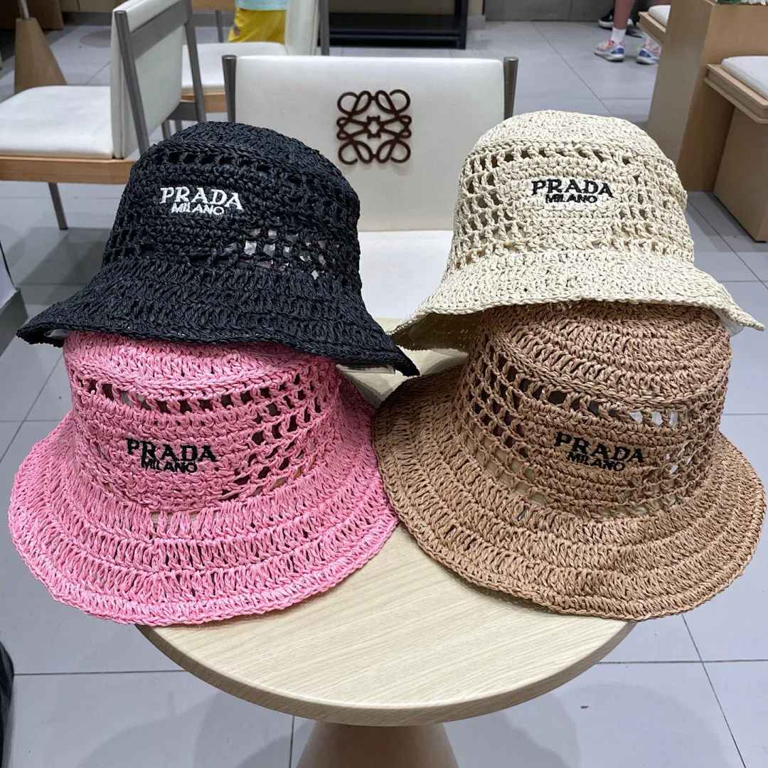 PRADA普拉达草帽,渔夫帽,手工编织,2025官方新款,刺绣logo