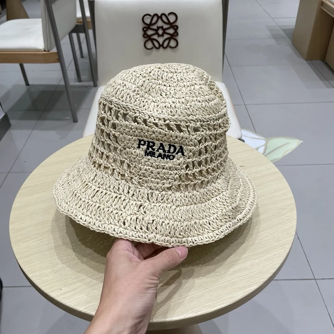 PRADA普拉达草帽,渔夫帽,手工编织,2025官方新款,刺绣logo