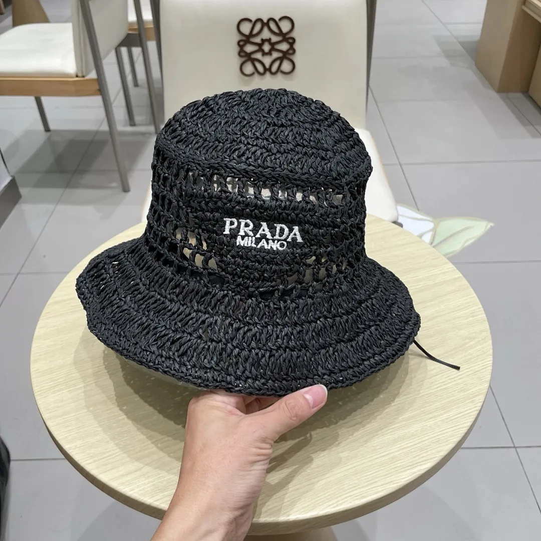 PRADA普拉达草帽,渔夫帽,手工编织,2025官方新款,刺绣logo