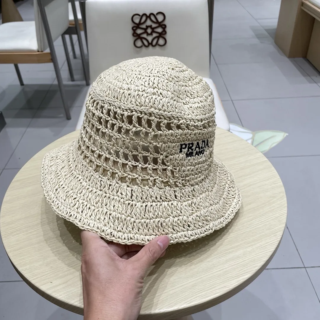 PRADA普拉达草帽,渔夫帽,手工编织,2025官方新款,刺绣logo