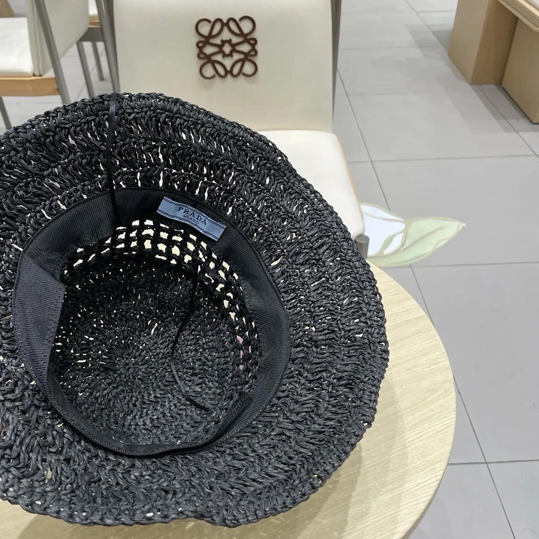 PRADA普拉达草帽，渔夫帽，手工编织，2025官方新款，刺绣logo