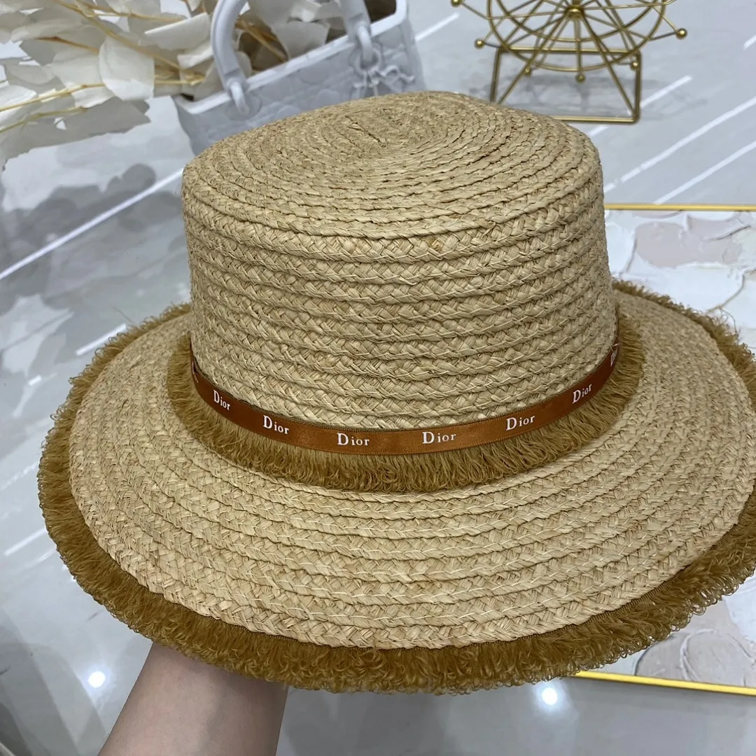 迪奥 拉菲草平顶帽