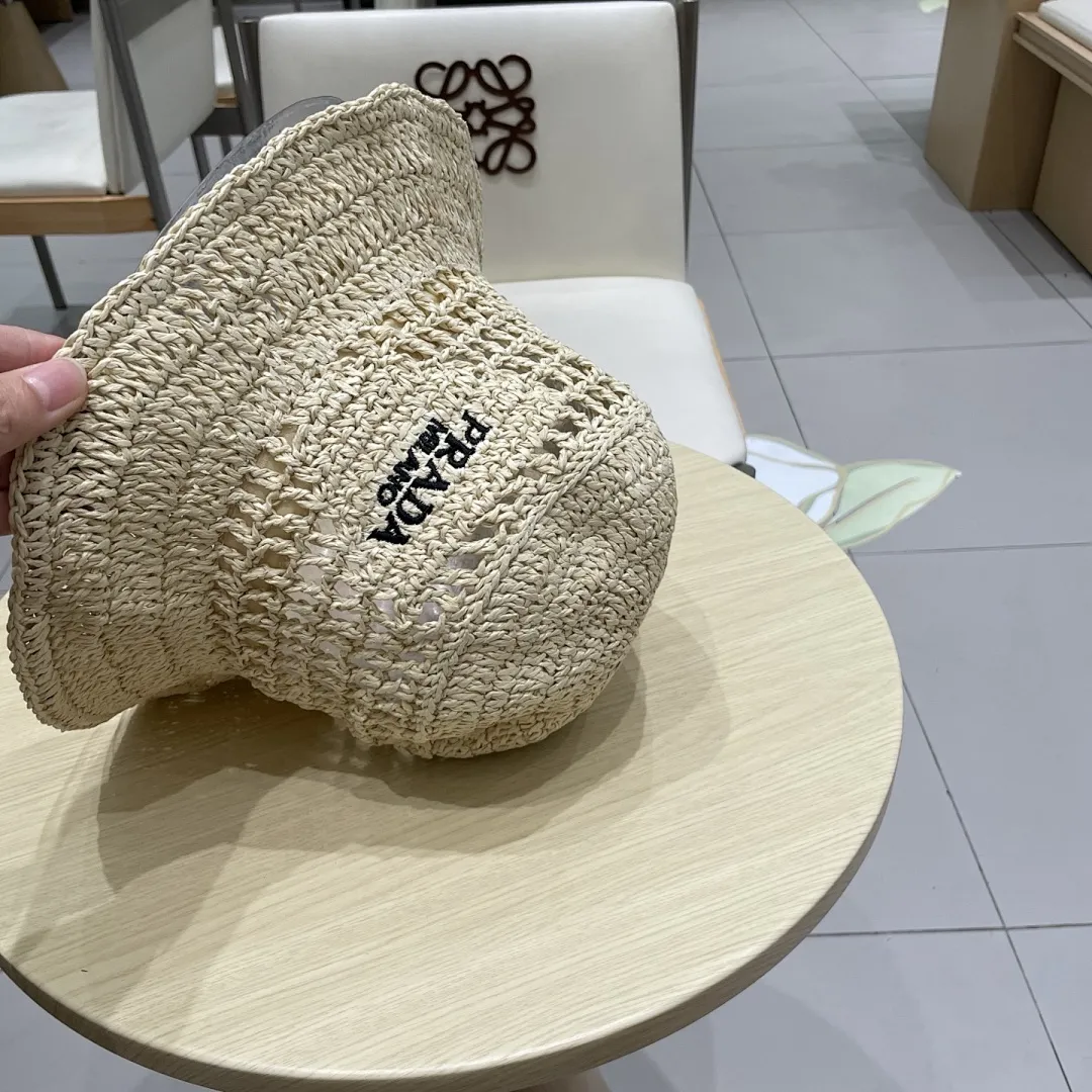 PRADA普拉达草帽,渔夫帽,手工编织,2025官方新款,刺绣logo