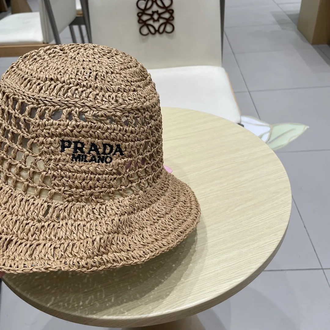 PRADA普拉达草帽，渔夫帽，手工编织，2025官方新款，刺绣logo