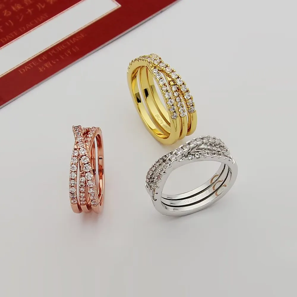 P45Cartier 卡地亚戒指Etincelle De系列 三环交叉满钻戒指 亚金电镀18K金 微镶高碳钻size6789 戒指2751359534