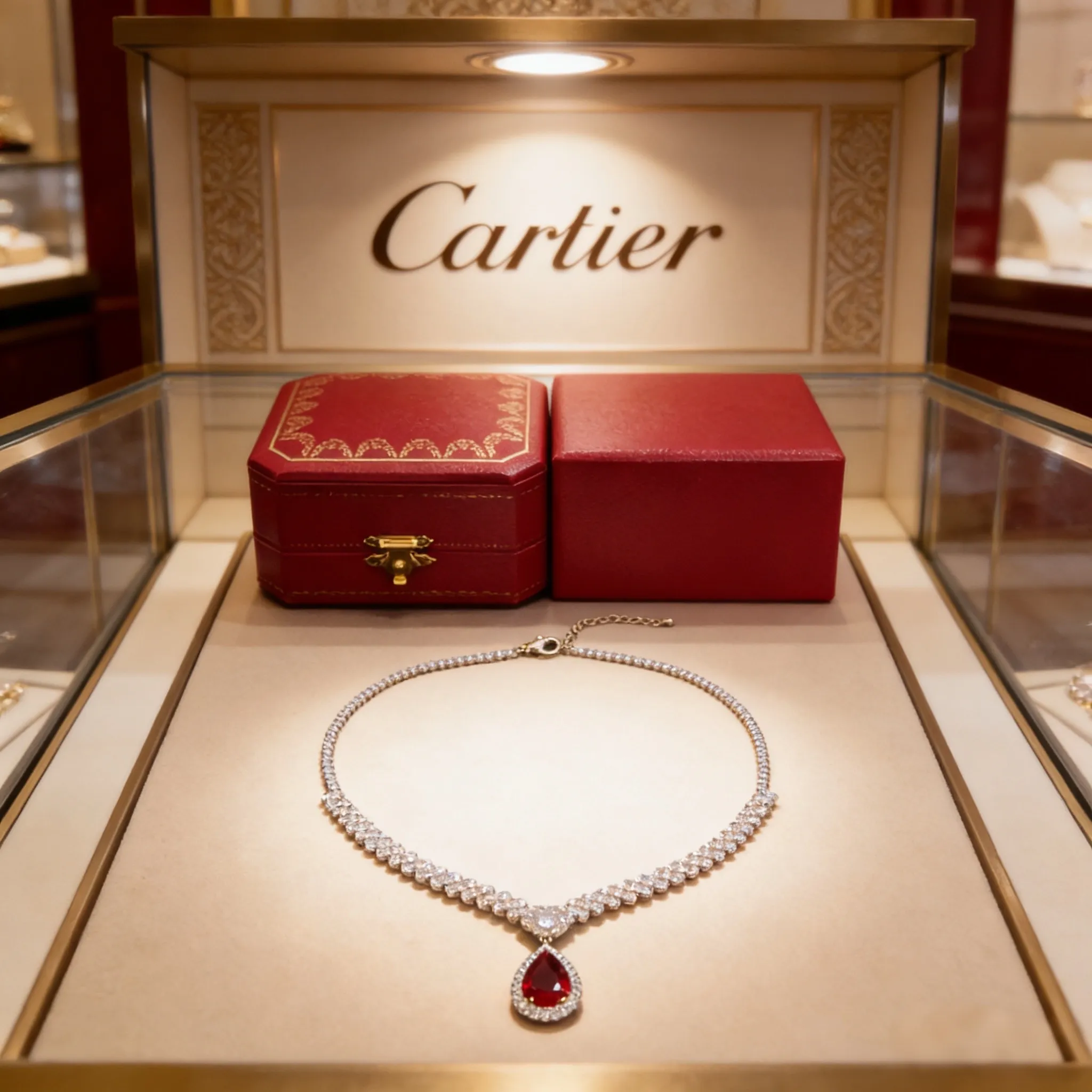 P125 卡地亚红宝石镶钻项链 高端定制版本 镶嵌钻工艺 V金材质 经典而时尚风格 用凌厉线条重构爱情美学！打破常规，镶嵌钻设计反而成就高级感天花板&mdash;&mdash;无需浮华堆砌，爱本应纯粹如初 卡地亚受众多明星网红的爱戴 绝对是永恒经典 年龄不限 ！戴上它你就是焦点！