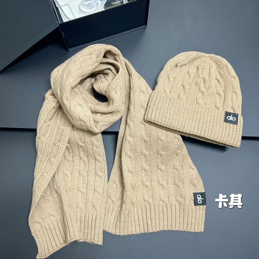 阿洛 日系麻花纹 围巾+帽子套装