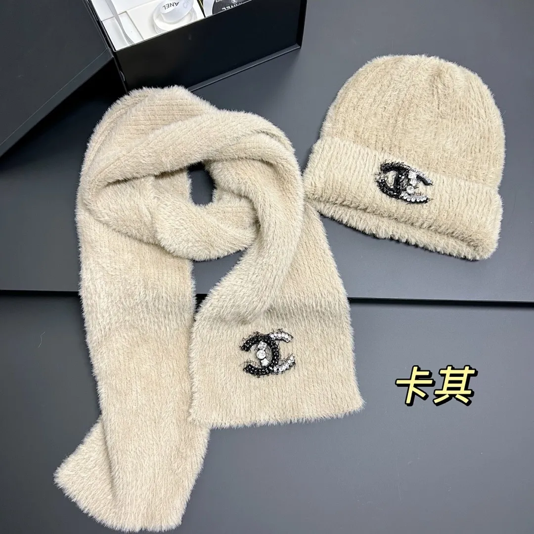 小香风 轻奢钻 貂绒围巾+帽子套装