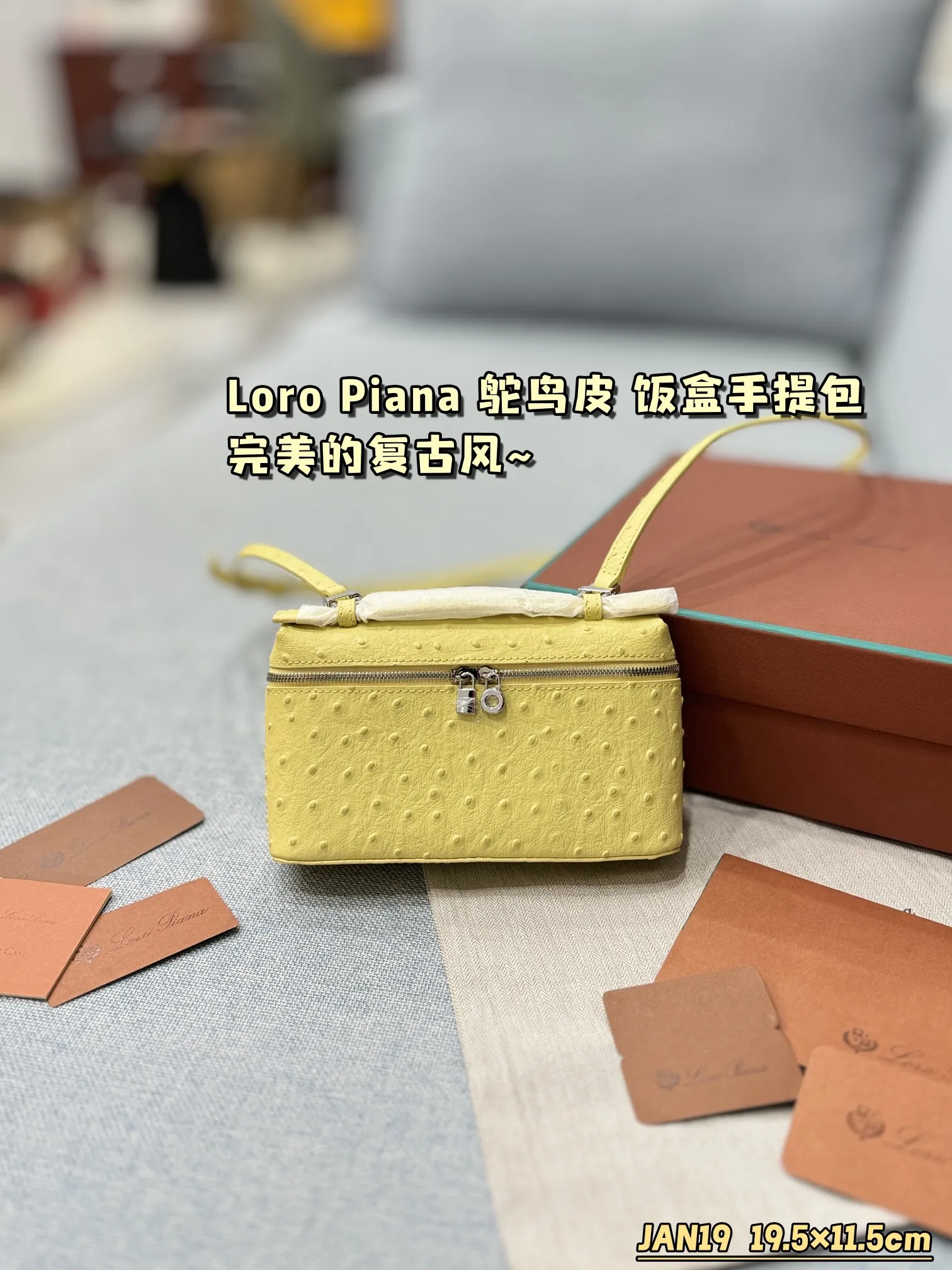 P175 配盒🎀 size：19.5&times;11.5 Loro Piana 鸵鸟皮 饭盒包 手提单肩斜挎包 越看越上头！ 这个颜色是怎么做到看起来又暗又亮的? 亮是感觉颜色很提亮， 暗是觉得绿得也不耀眼， 可能是和鸵鸟皮的关系， 搭配金扣，完美的复古风就出来了