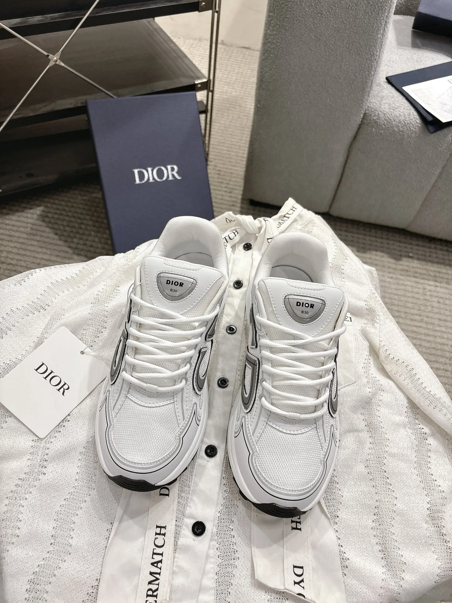 Dior B30 Trainer Side View with CD Logo Technical Mesh and Leather Panels