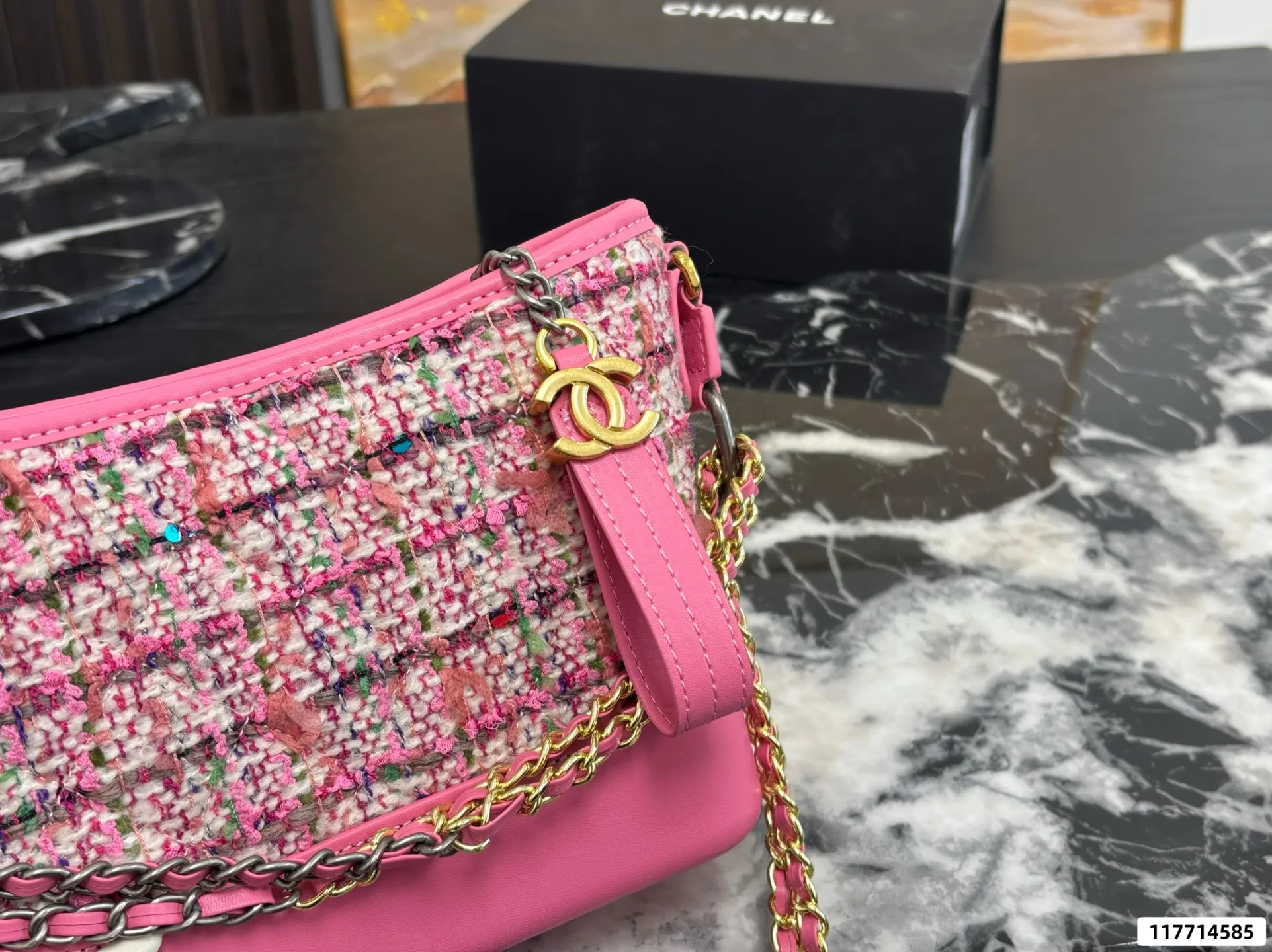 Collection of Chanel Gabrielle hobo bags in various materials including tweed and sequins with luxury packaging - xiashuluxe
