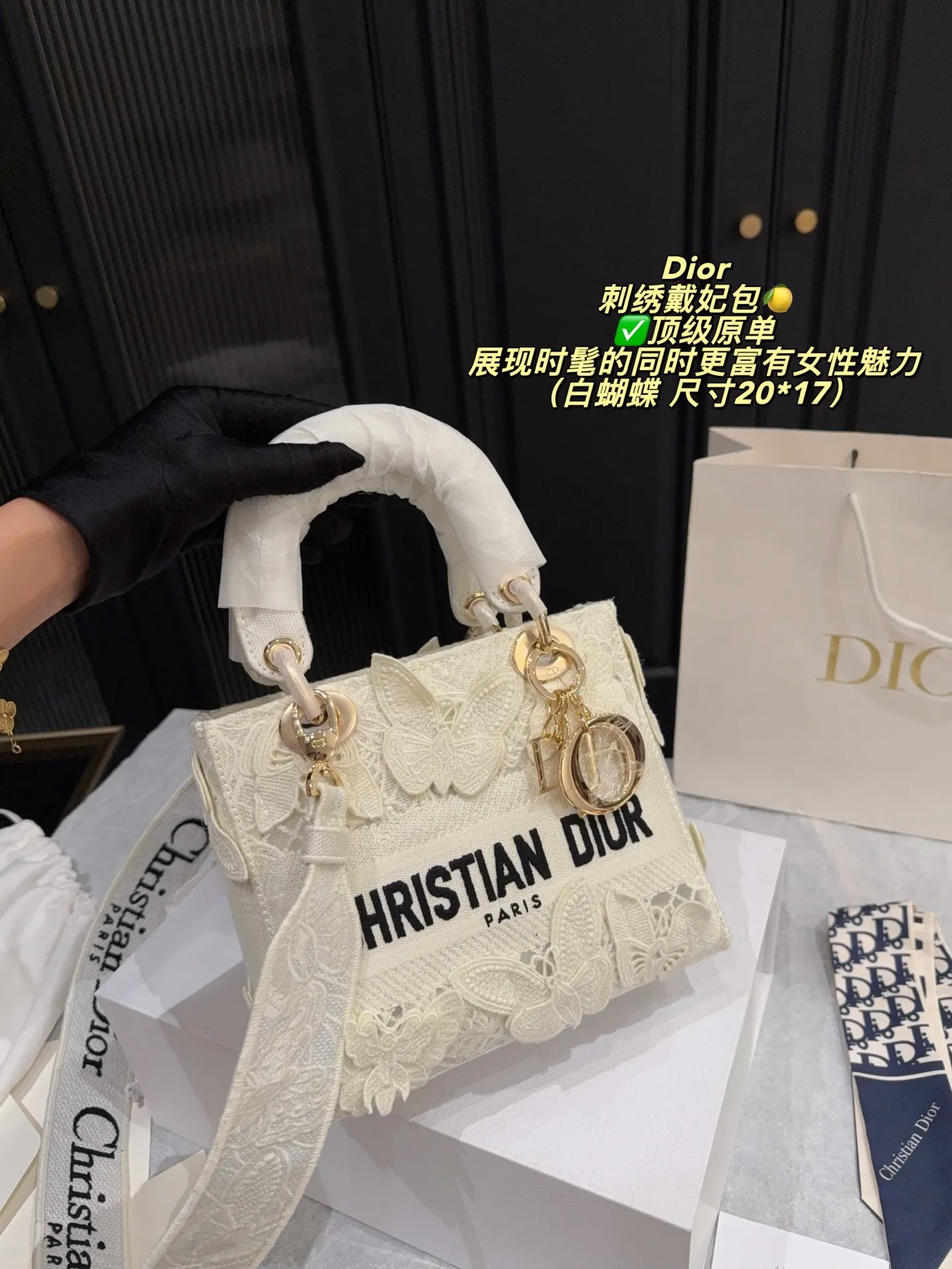 Lady Dior D-Lite canvas bag with 3D white butterfly embroidery and luxury packaging - xiashuluxe