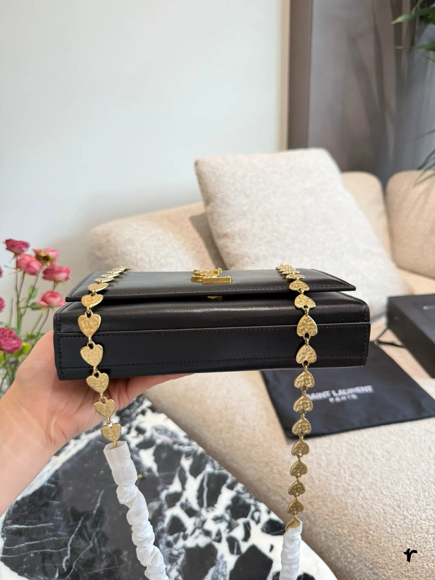 YSL Kate Heart Chain Bag black leather with gold heart-shaped link chain - xiashuluxe