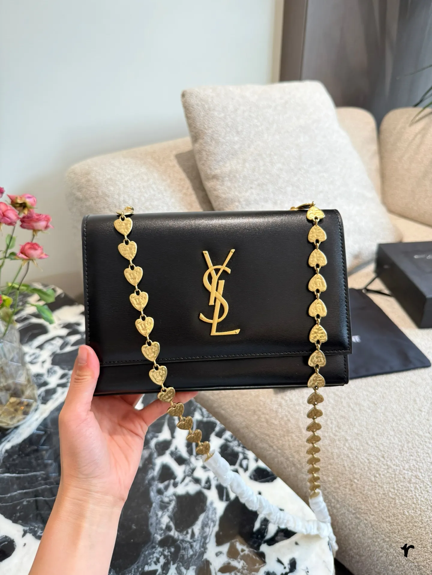 YSL Kate Heart Chain Bag black leather with gold heart-shaped link chain - xiashuluxe.