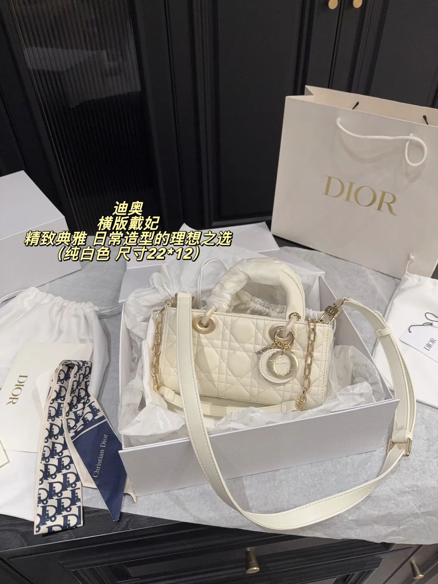 Lady Dior D-Joy horizontal bag in white lambskin with luxury packaging - xiashuluxe
