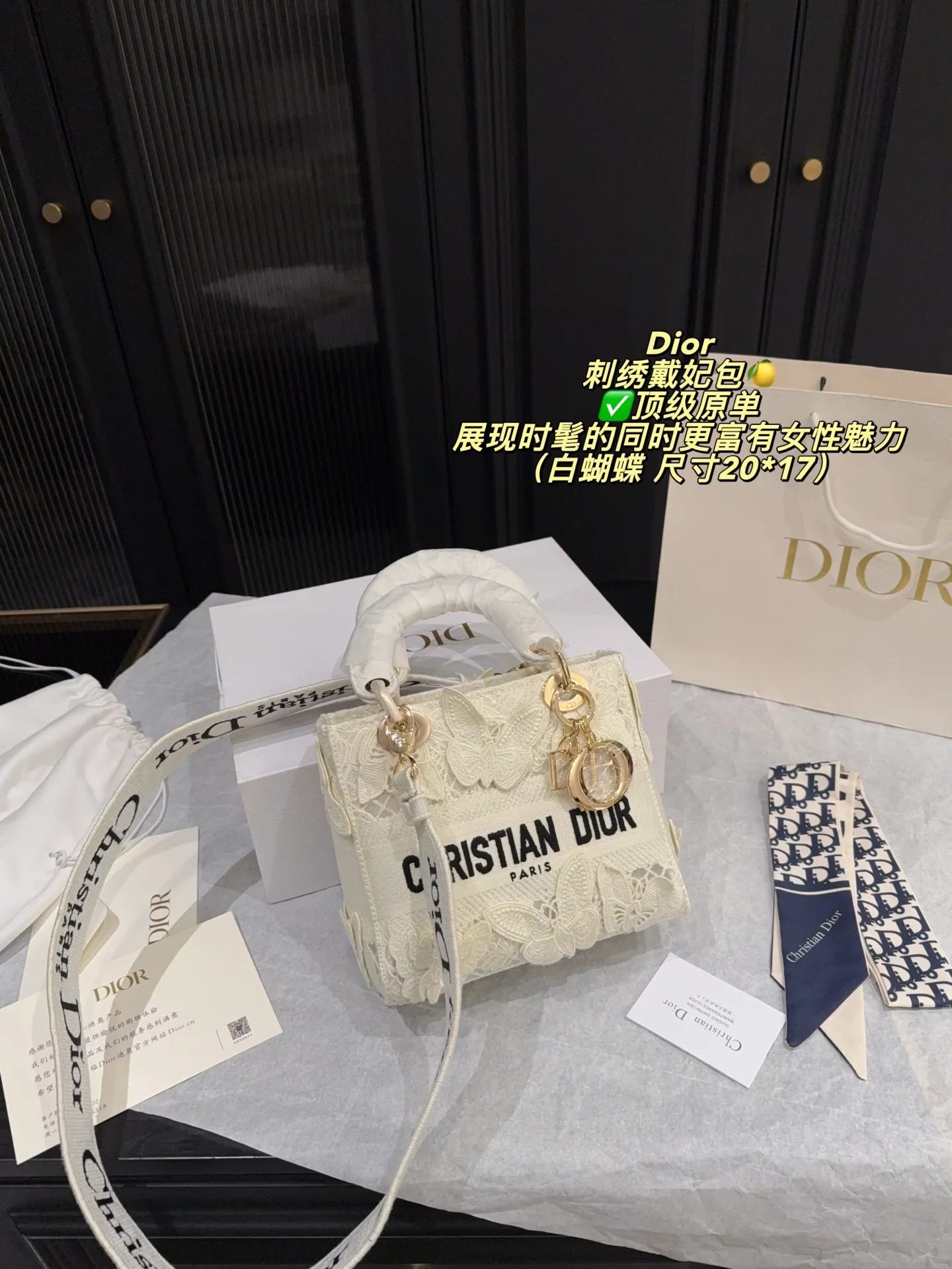 Lady Dior D-Lite canvas bag with 3D white butterfly embroidery and luxury packaging - xiashuluxe