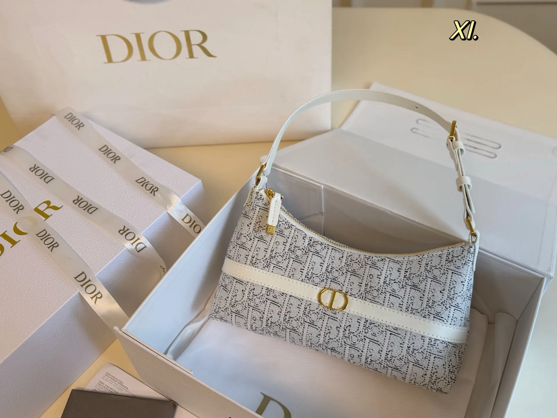 Dior 30 Montaigne Avenue bag in grey Oblique canvas with luxury brand packaging - xiashuluxe