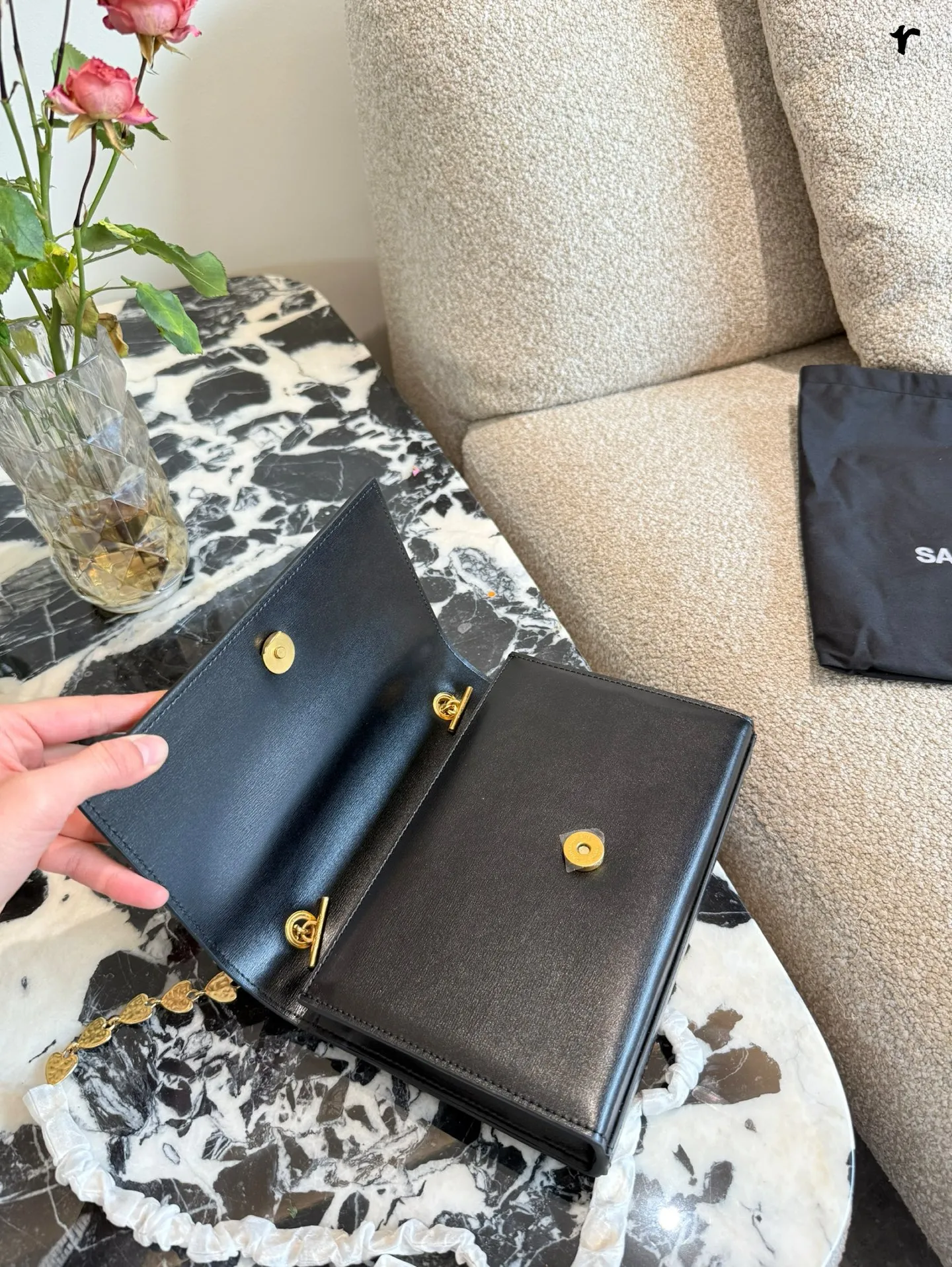 YSL Kate Heart Chain Bag black leather with gold heart-shaped link chain - xiashuluxe