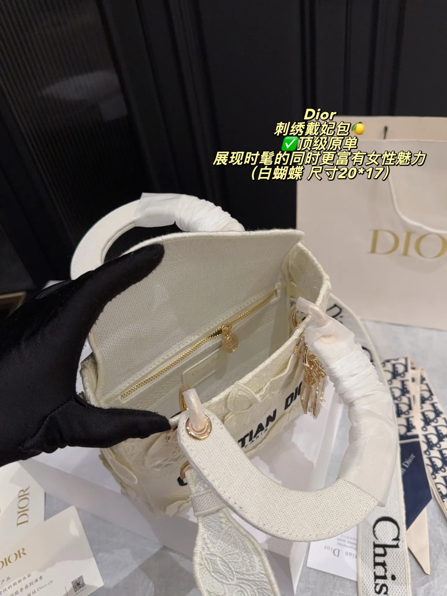 Lady Dior D-Lite canvas bag with 3D white butterfly embroidery and luxury packaging - xiashuluxe