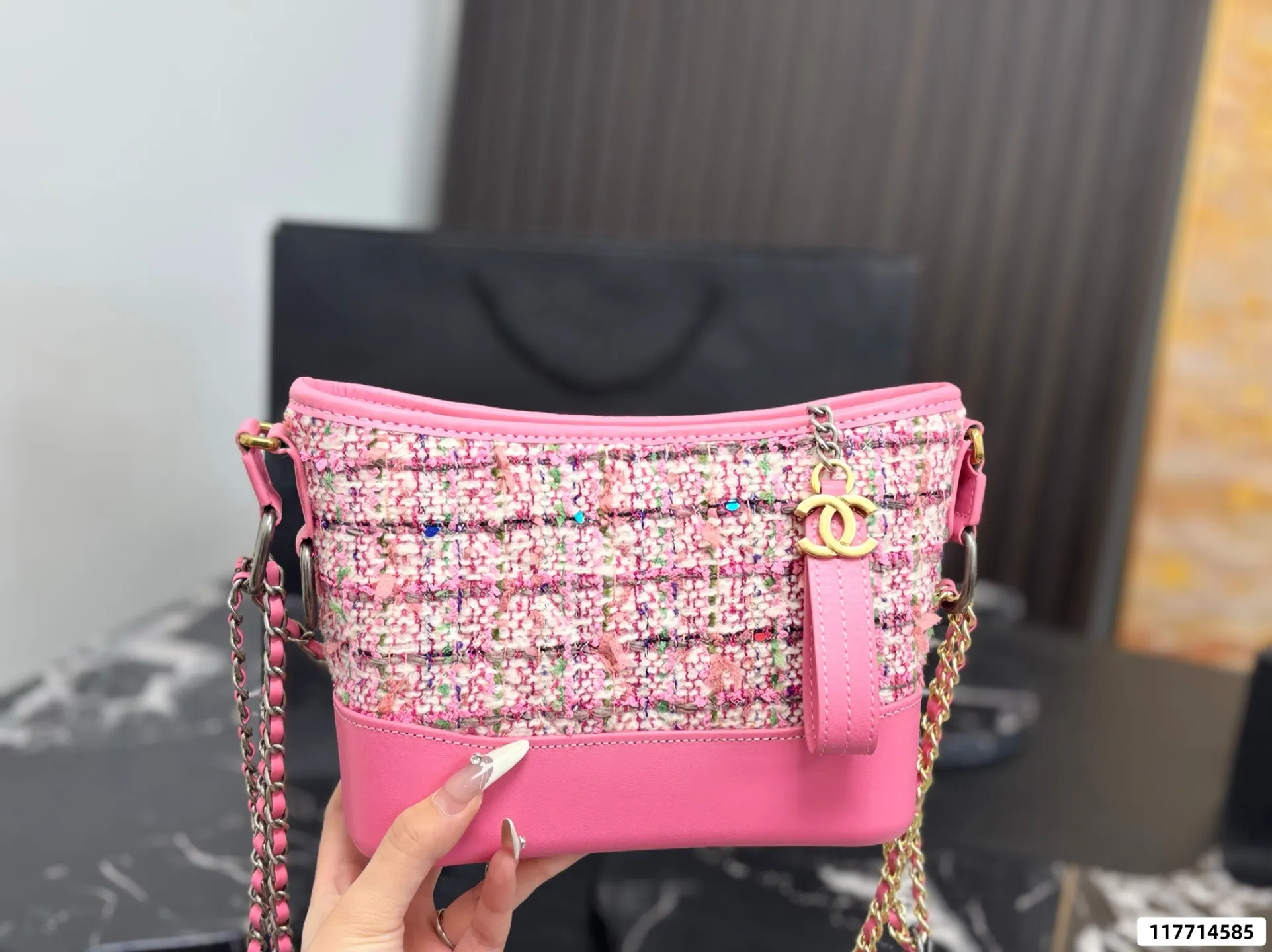 Collection of Chanel Gabrielle hobo bags in various materials including tweed and sequins with luxury packaging - xiashuluxe