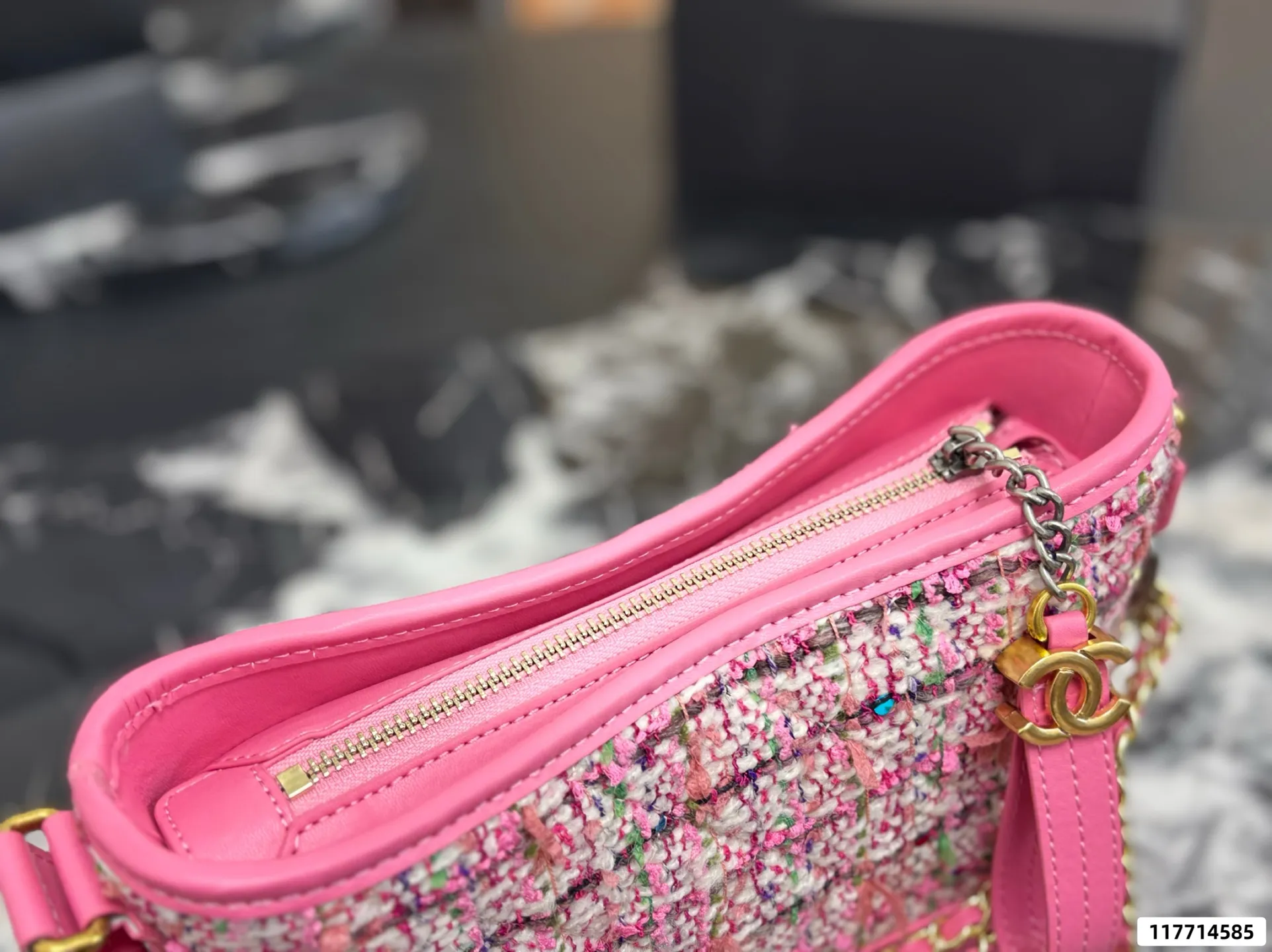 Collection of Chanel Gabrielle hobo bags in various materials including tweed and sequins with luxury packaging - xiashuluxe