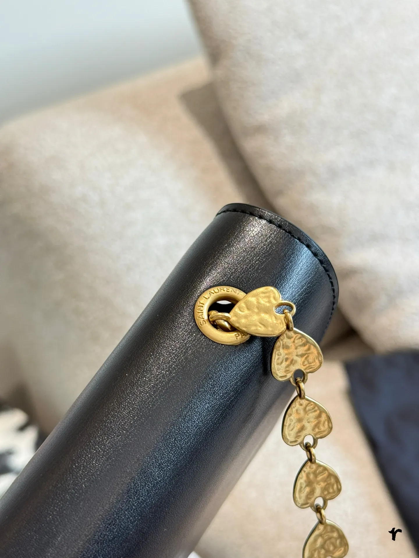 YSL Kate Heart Chain Bag black leather with gold heart-shaped link chain - xiashuluxe