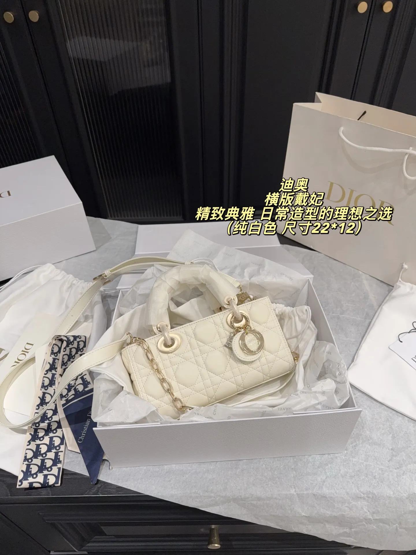 Lady Dior D-Joy horizontal bag in white lambskin with luxury packaging - xiashuluxe