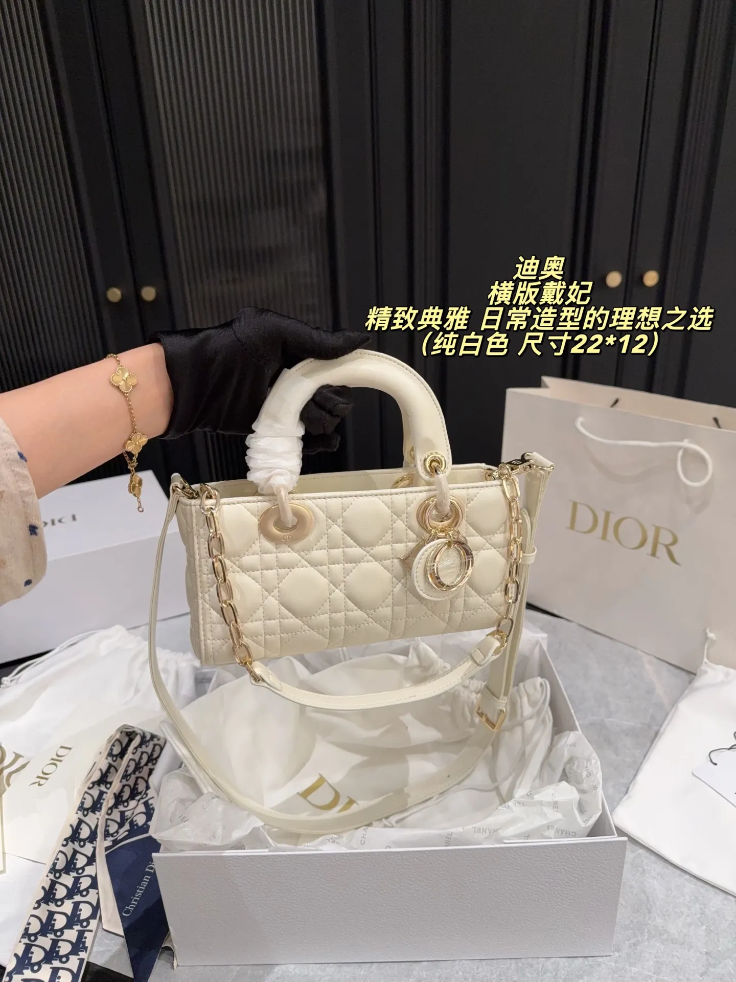 Lady Dior D-Joy horizontal bag in white lambskin with luxury packaging - xiashuluxe