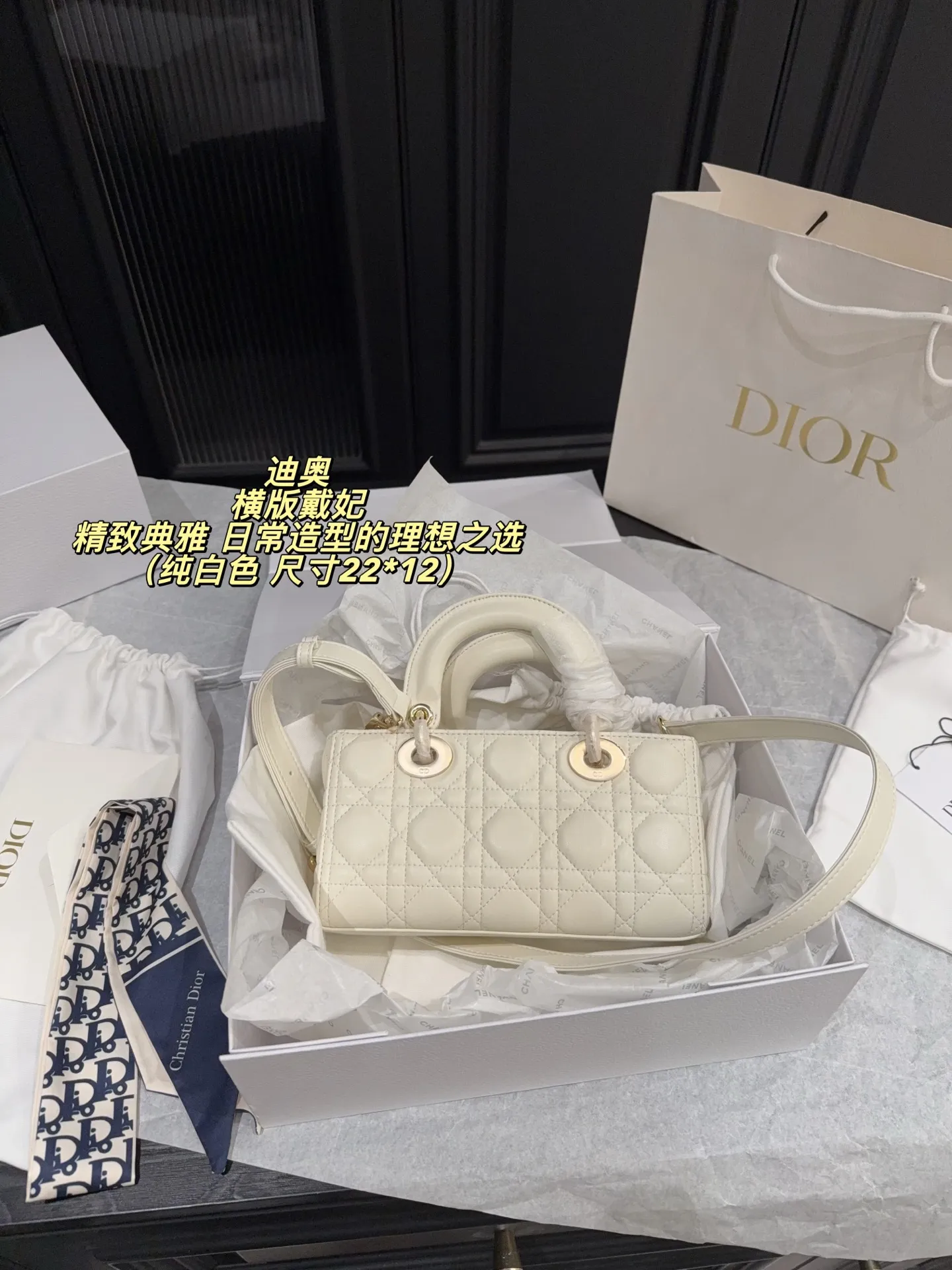 Lady Dior D-Joy horizontal bag in white lambskin with luxury packaging - xiashuluxe