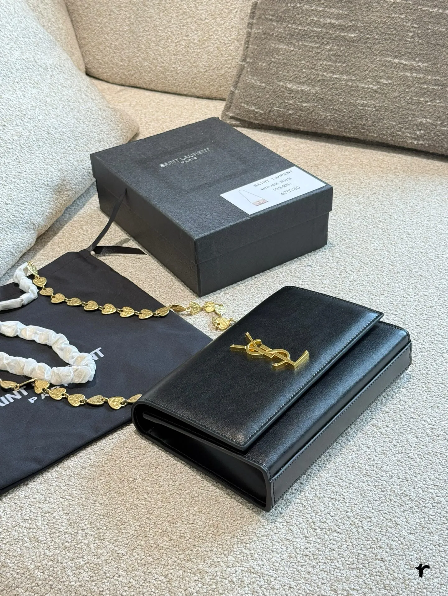 YSL Kate Heart Chain Bag black leather with gold heart-shaped link chain - xiashuluxe