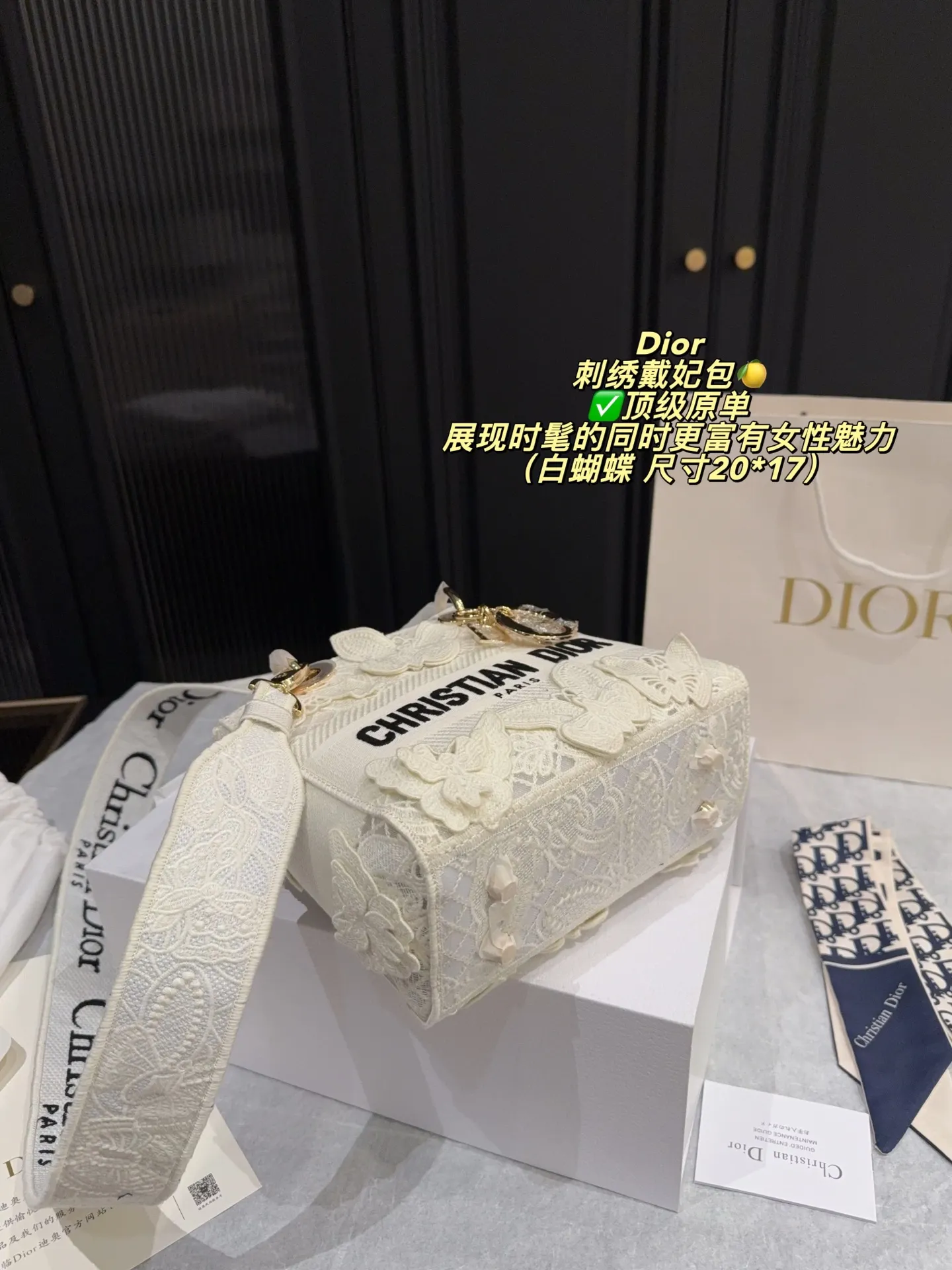 Lady Dior D-Lite canvas bag with 3D white butterfly embroidery and luxury packaging - xiashuluxe