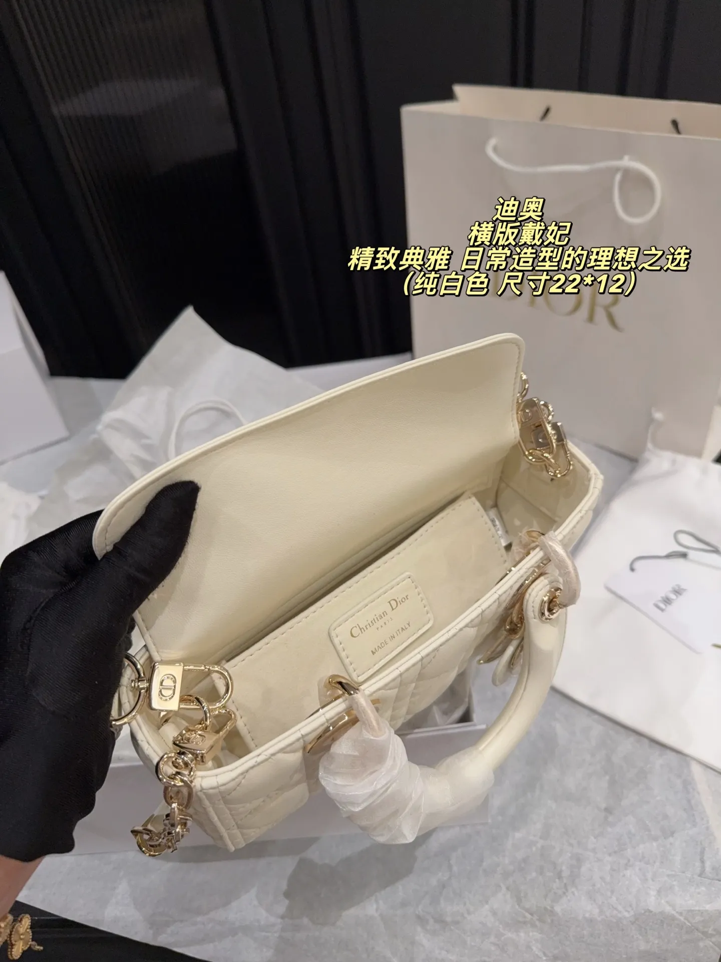 Lady Dior D-Joy horizontal bag in white lambskin with luxury packaging - xiashuluxe