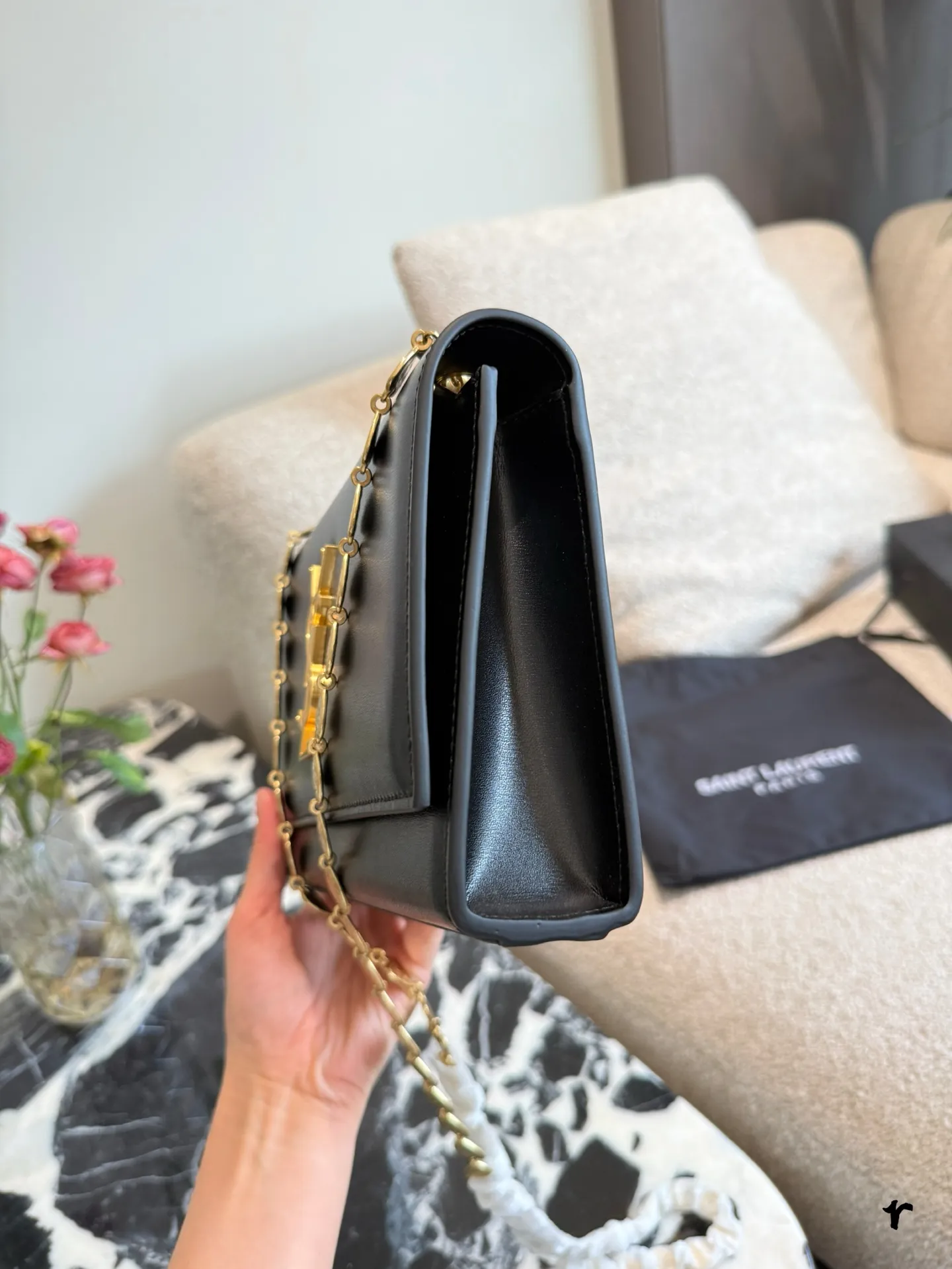 YSL Kate Heart Chain Bag black leather with gold heart-shaped link chain - xiashuluxe