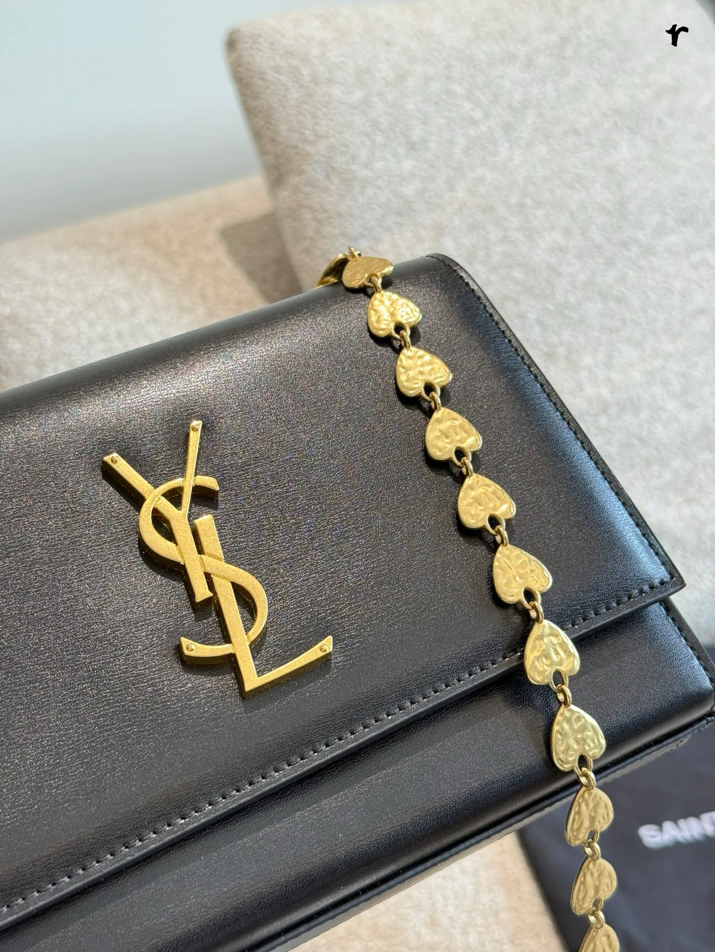 YSL Kate Heart Chain Bag black leather with gold heart-shaped link chain - xiashuluxe