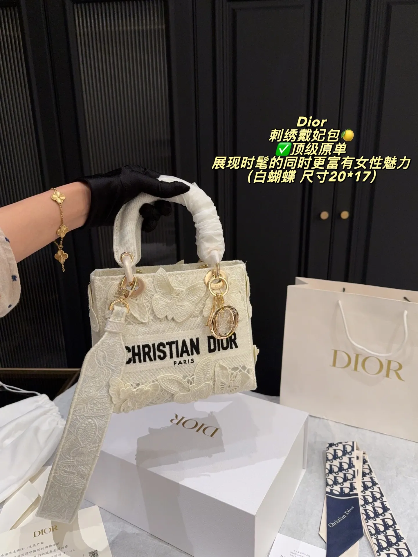 Lady Dior D-Lite canvas bag with 3D white butterfly embroidery and luxury packaging - xiashuluxe