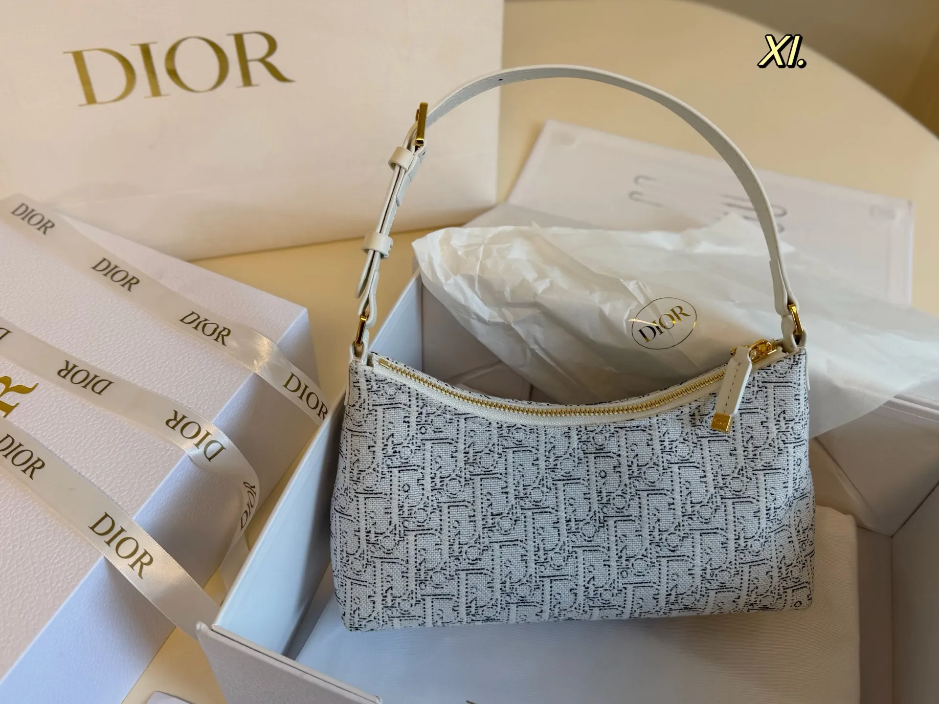 Dior 30 Montaigne Avenue bag in grey Oblique canvas with luxury brand packaging - xiashuluxe