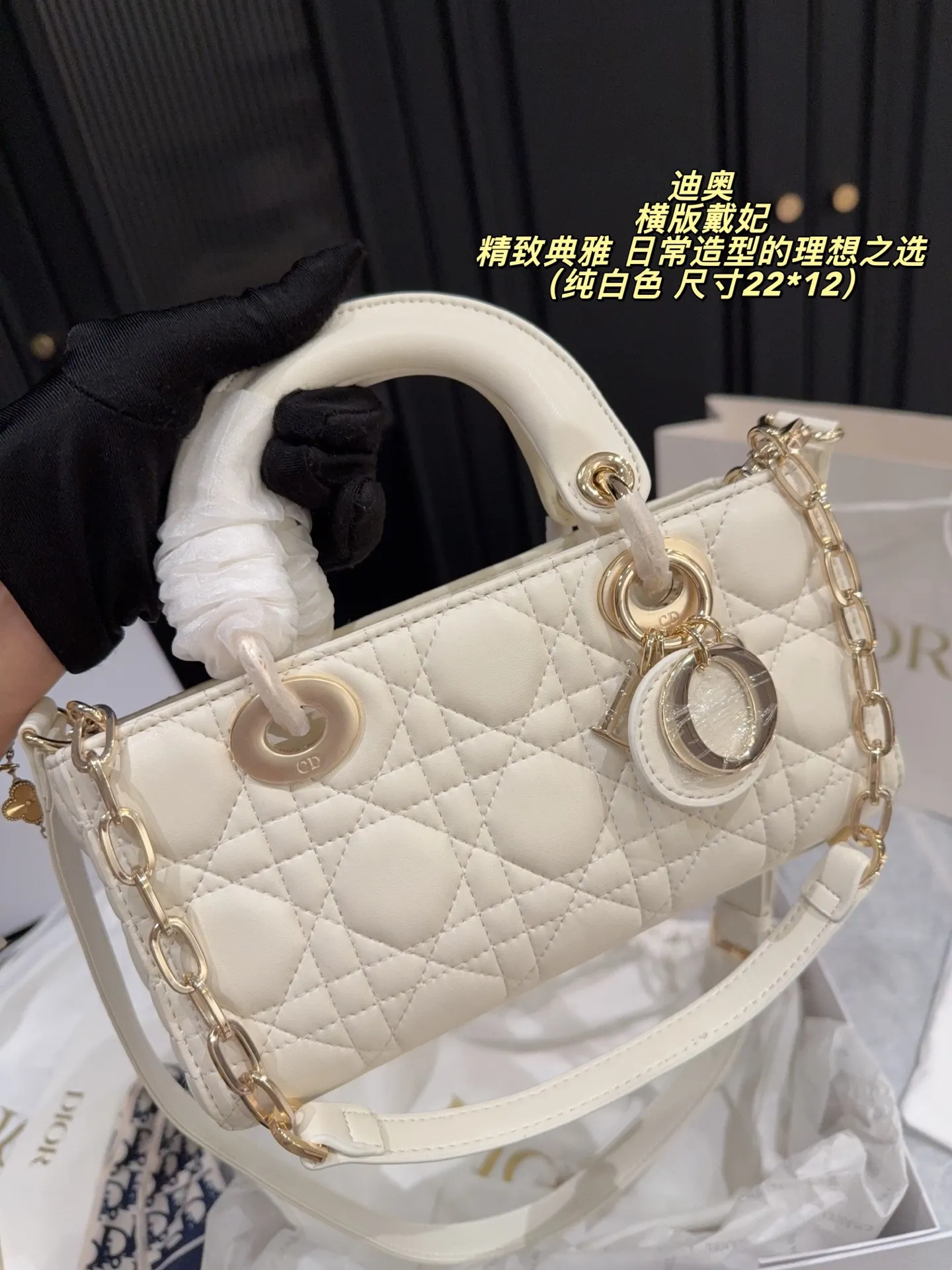 Lady Dior D-Joy horizontal bag in white lambskin with luxury packaging - xiashuluxe