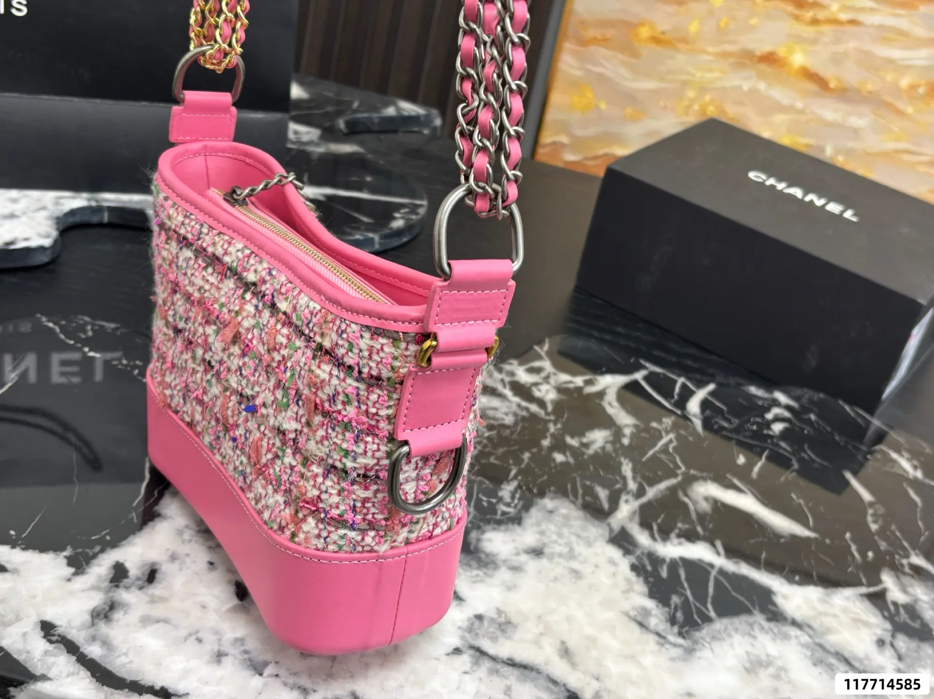 Collection of Chanel Gabrielle hobo bags in various materials including tweed and sequins with luxury packaging - xiashuluxe