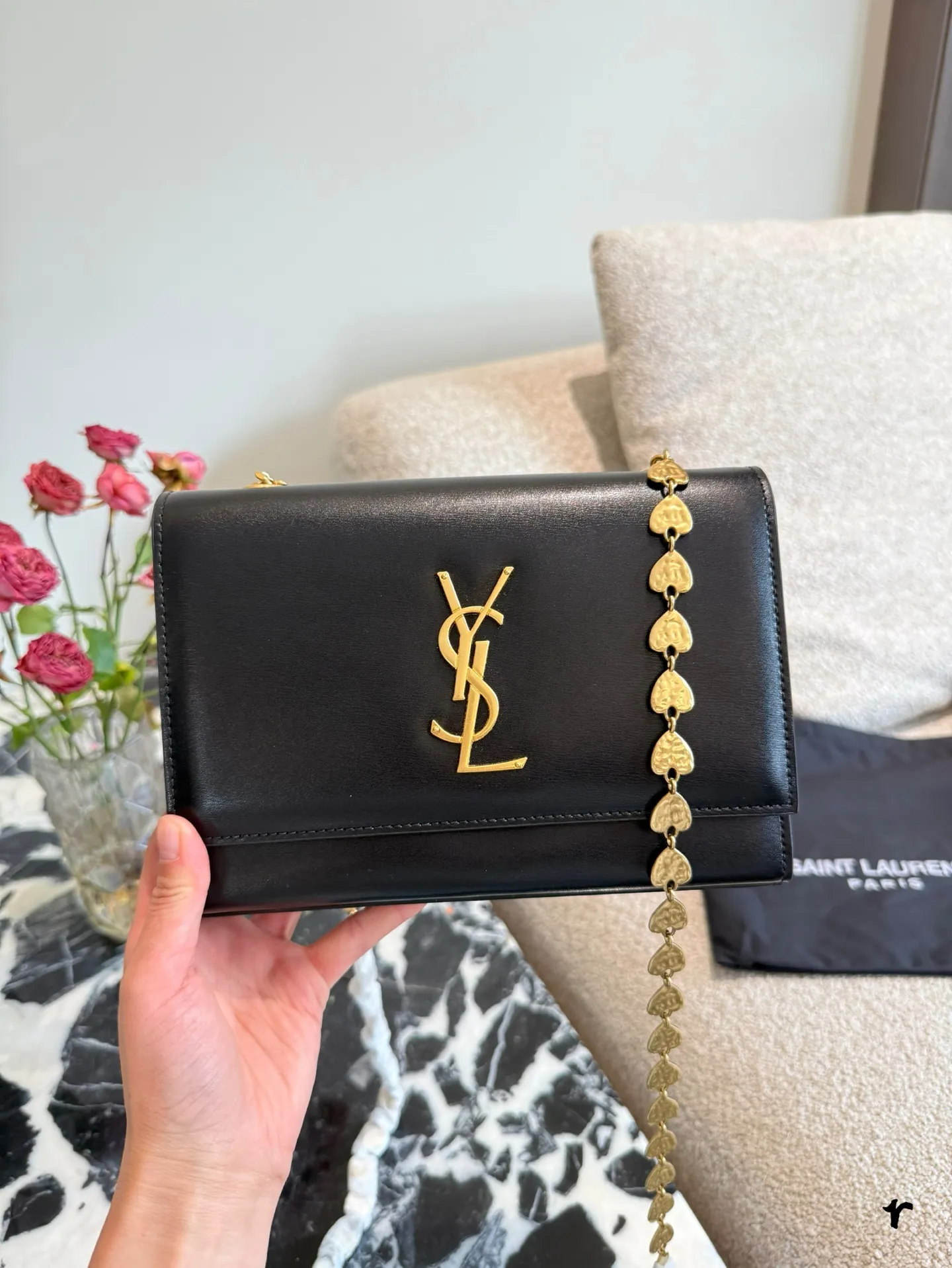 YSL Kate Heart Chain Bag black leather with gold heart-shaped link chain - xiashuluxe