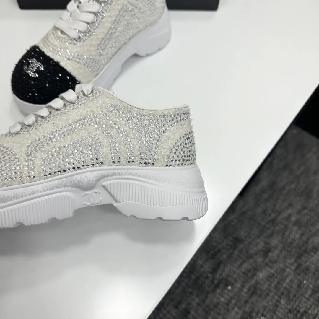 Chanel 1:1 premium white mesh sneakers with CC embroidery on luxury black shoe box - xiashuluxe